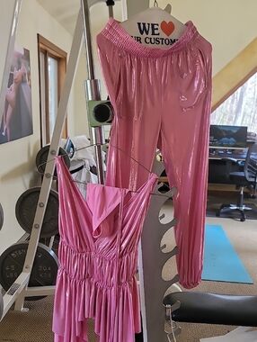 Norma Kamali Shiny Pink Elastic-Waist Track Pants with Matching Ruched Top